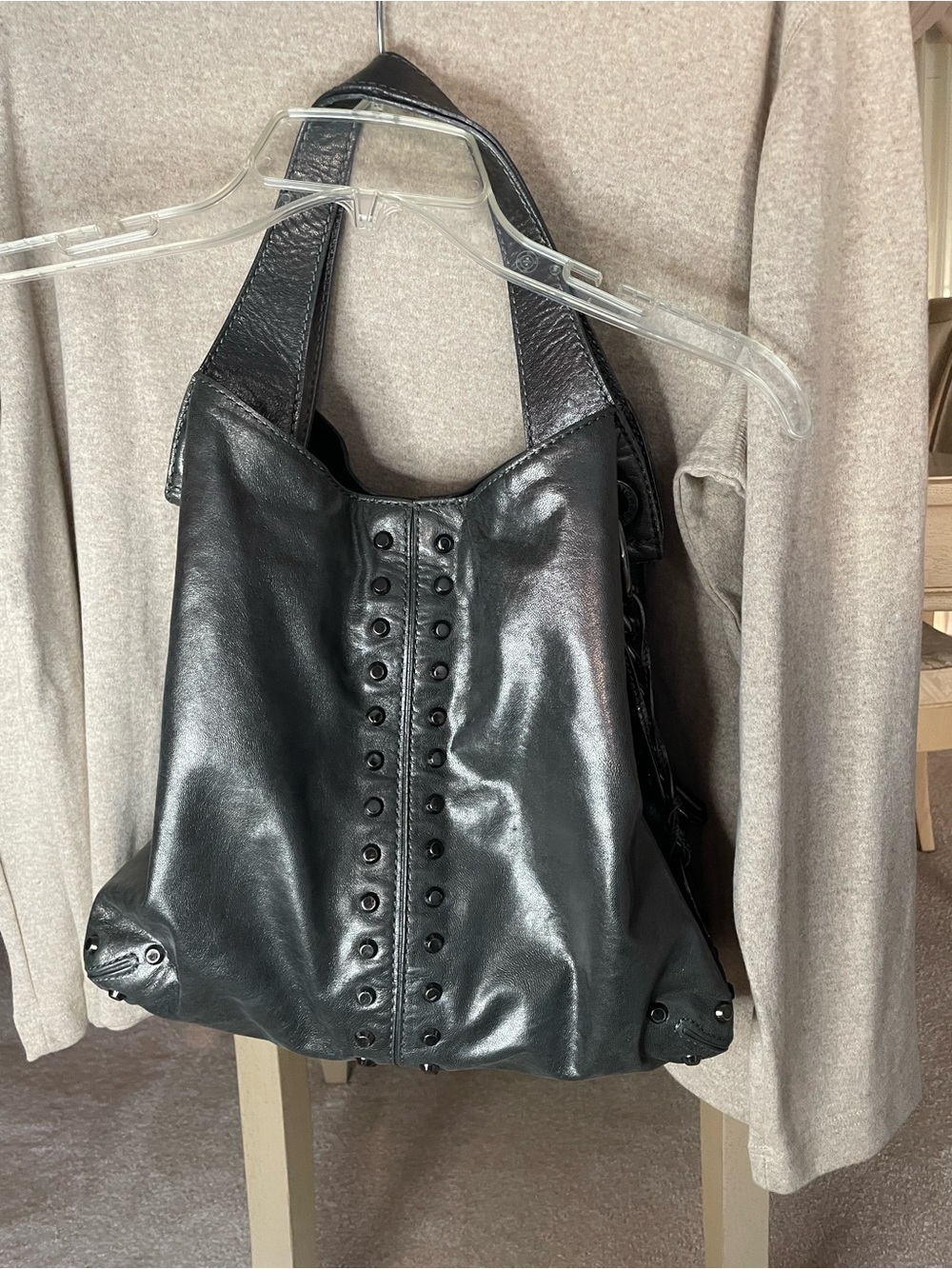 Michael Kors Camden Grommet Leather Hobo Bag Gunmetal Metallic Gray
